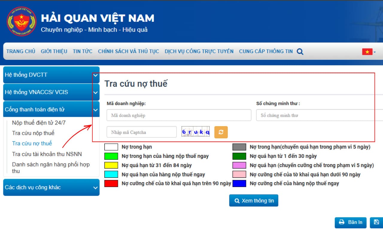 Tra cứu nợ thuế tờ khai hải quan chi tiết và chính xác nhất 7 Các ô nhập Mã số thuế và CCCD khi tra cứu nợ thuế tờ khai hải quan