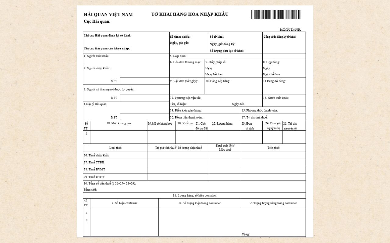 Mẫu tờ khai hải quan nhập khẩu mới nhất 