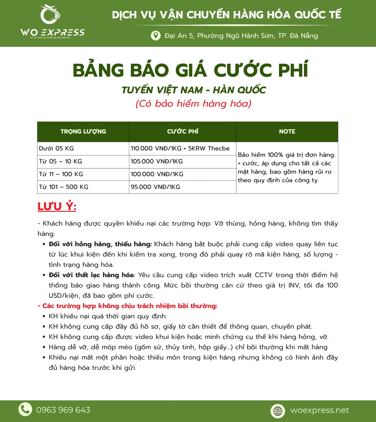 Bảng giá gửi hàng đi hàn quốc có bao hiểm
