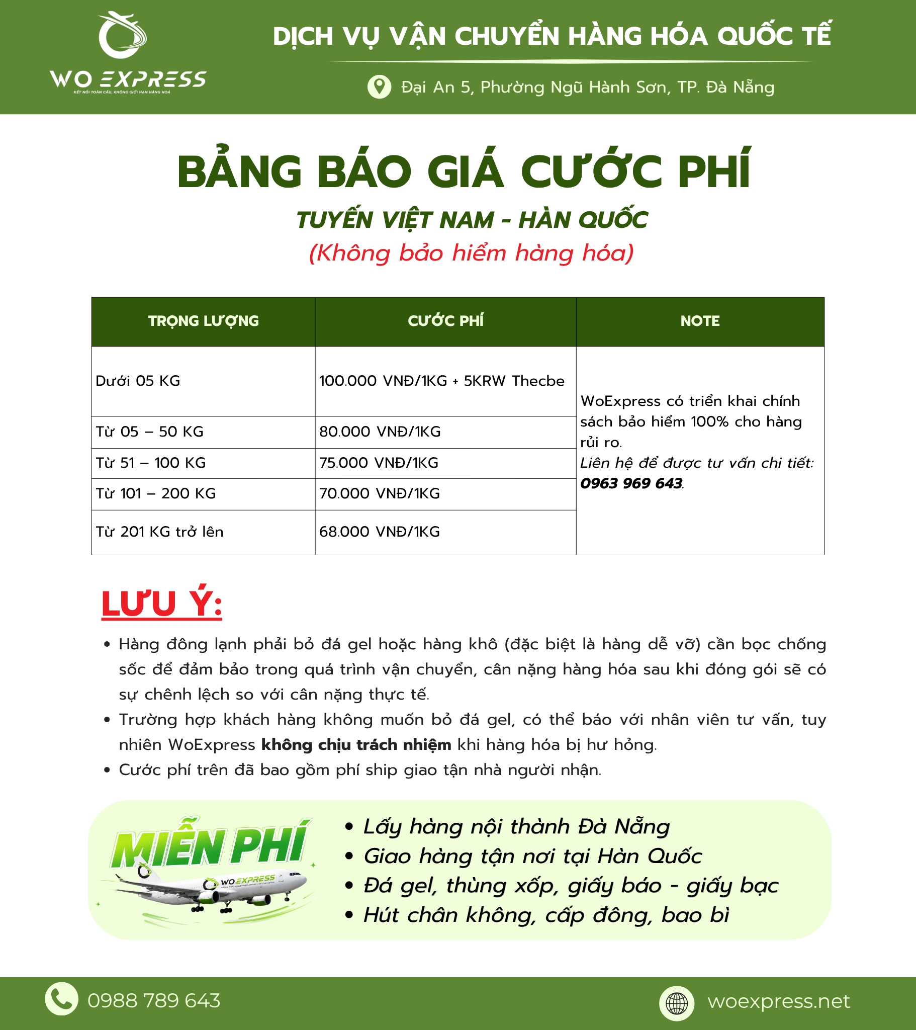 Bảng giá gửi hàng đi hàn quốc không bao hiểm